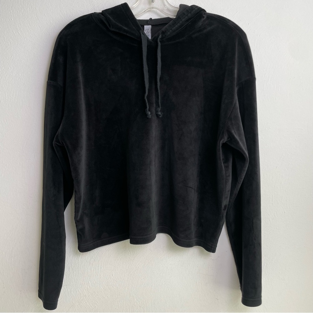 Nordstrom ZELLA black oversized boxy relaxed cropped velour hoodie sweatshirt S